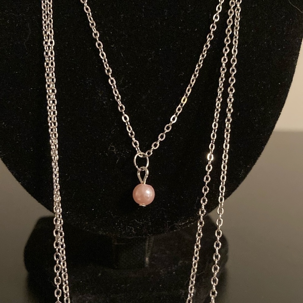 Silver Layered Necklace with Pink Accents and earring set - Picture 5 of 5